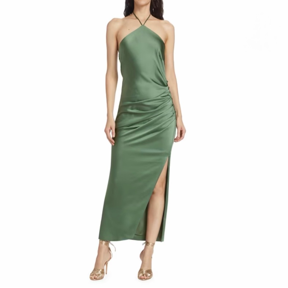 SIMKHAI
Hansel Ruched Satin Halterneck Gown